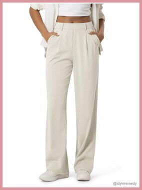 High Rise Wide Leg Trousers Adjustable Stretch Work Pants Pockets